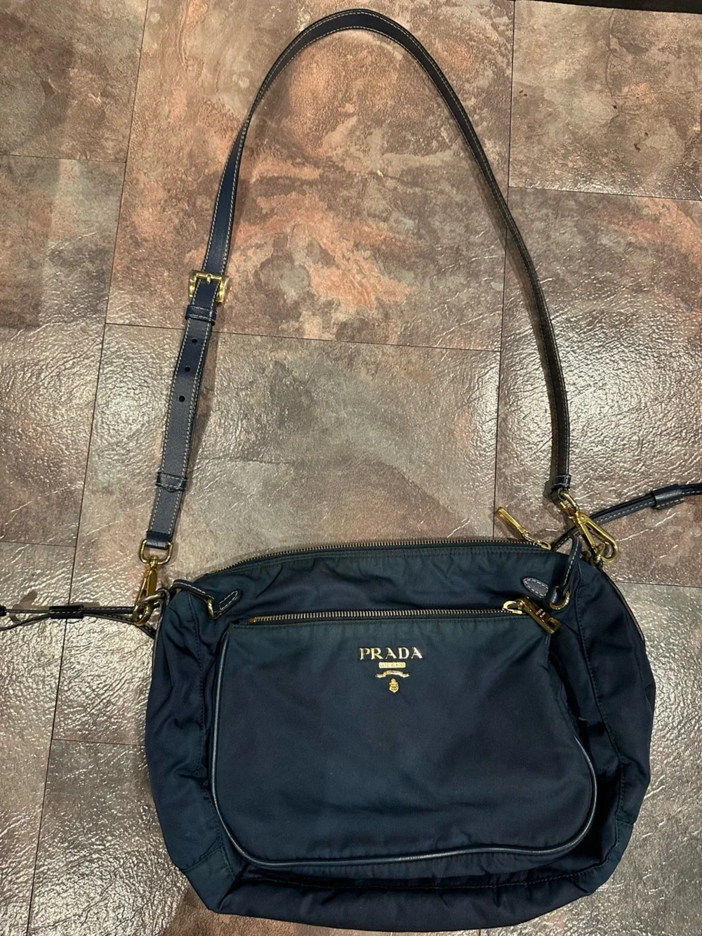 Prada Navy Blue Nylon Hobo with Gold Hardware